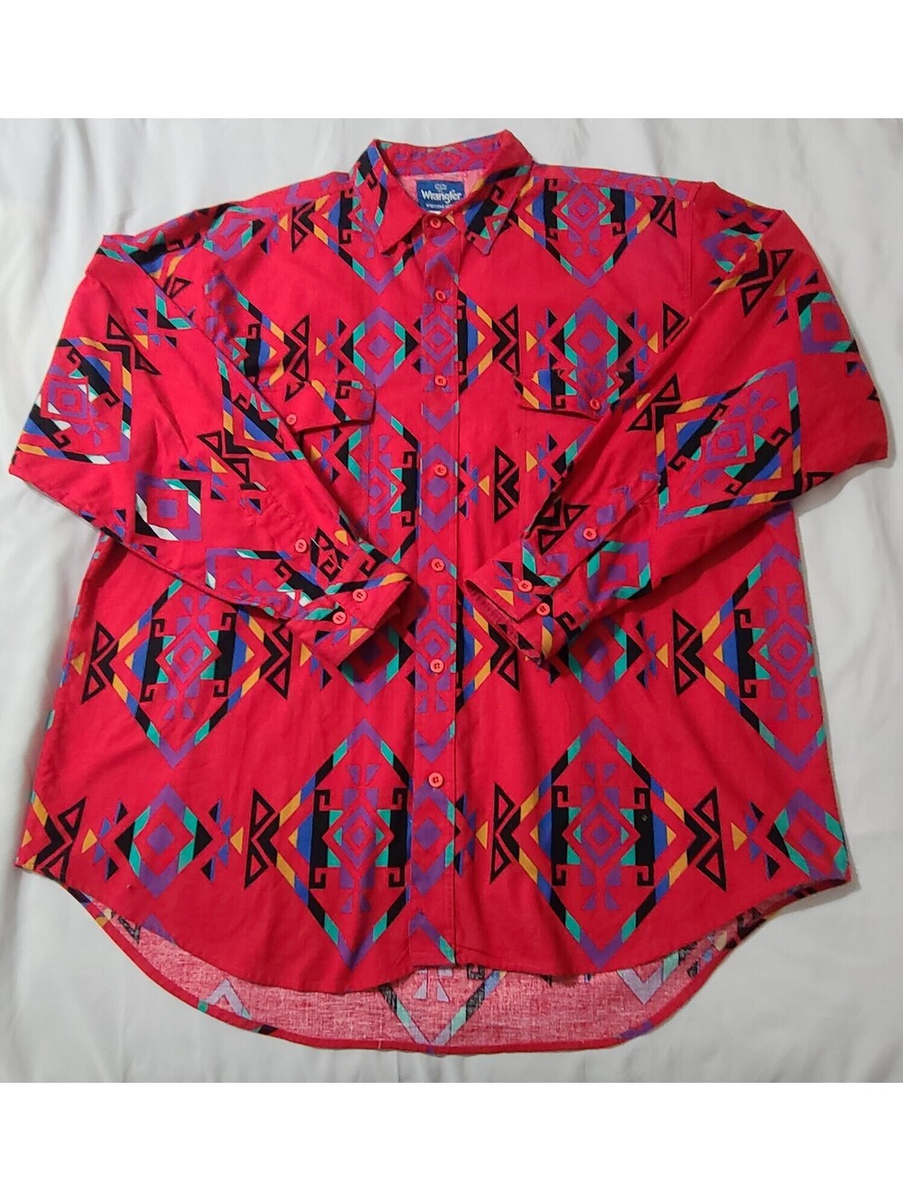 Vtg Wrangler Western LS Shirt Mens Sz 17-17.5 XL Red Aztec  Southwestern Cowboy